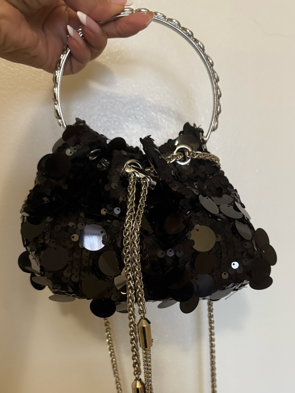 BRAND NEW-Black Sequin Ring-Handle/crossbody Evening Bag